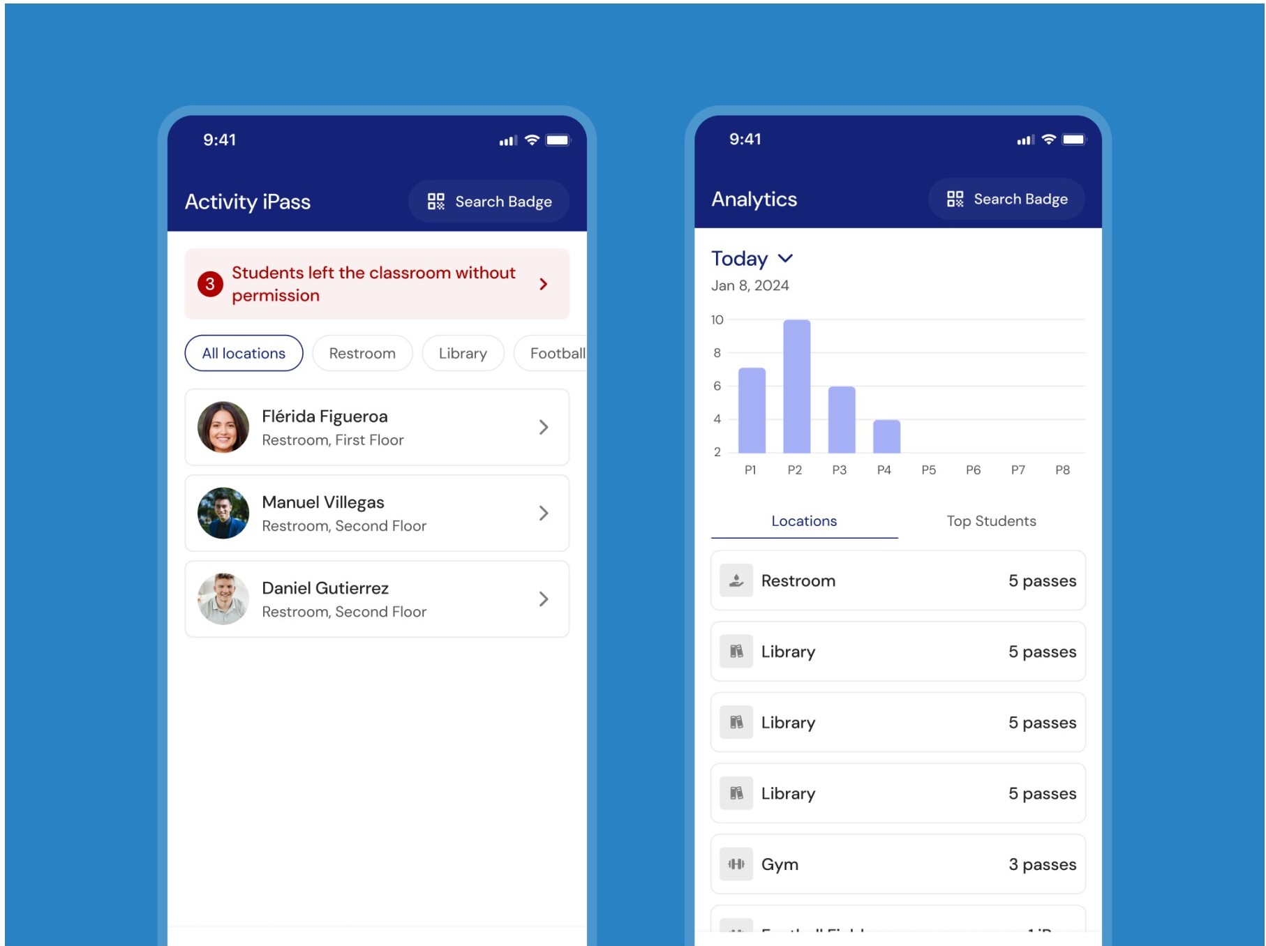 iPass Viewer mobile app showing activity logs and analytics