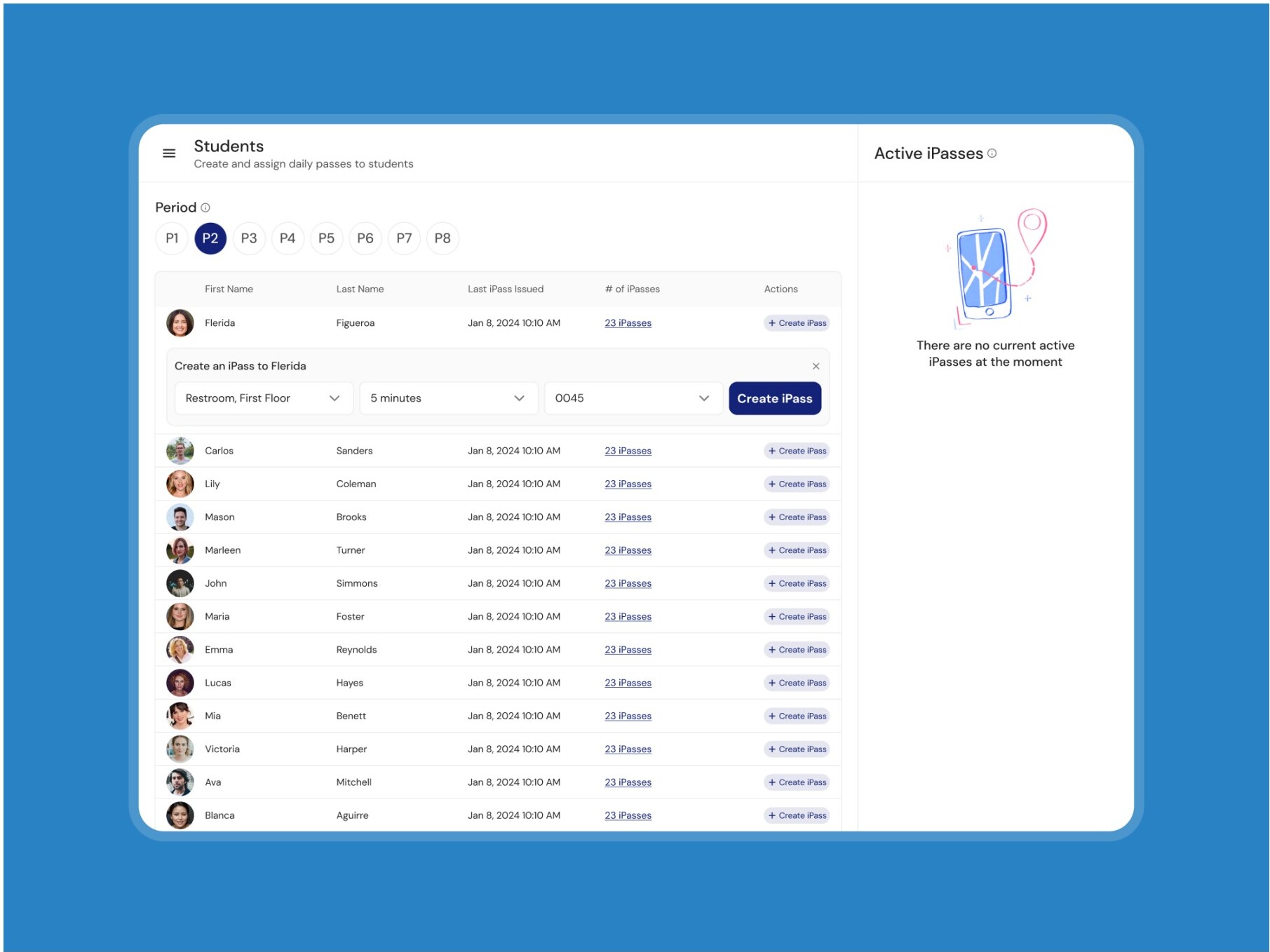 Teacher Portal interface showing student list and active iPasses